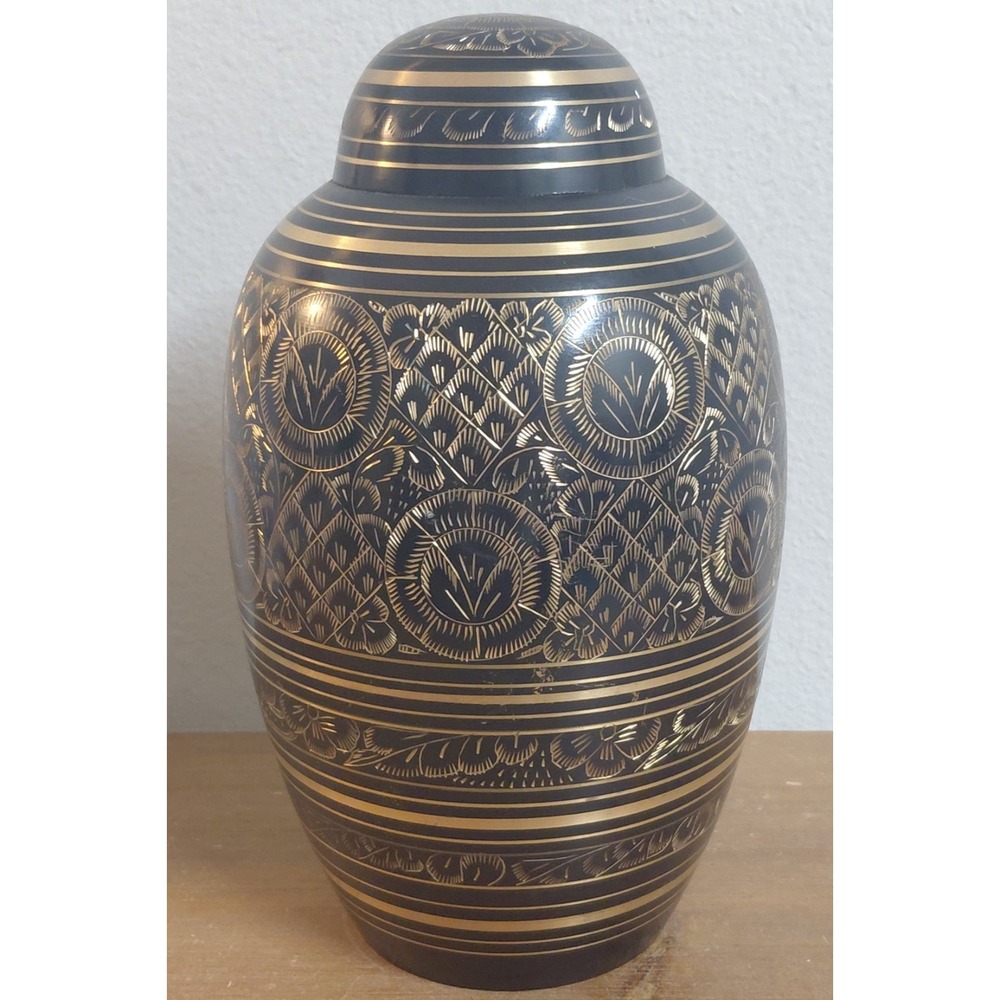 Crescent Memorial Brass Cremation Urn Black Gold Engraved Adult Full Size 10"